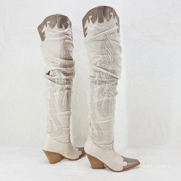 Iconic Western Thigh high Cowgirl Boots Cream - Picture 5 of 12